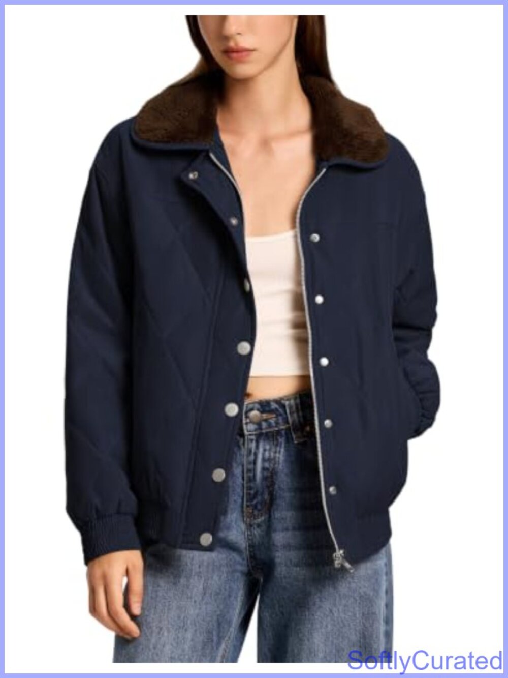 Women's Quilted Puffer Jacket Padded Long Sleeve Snap Button Winter Coat